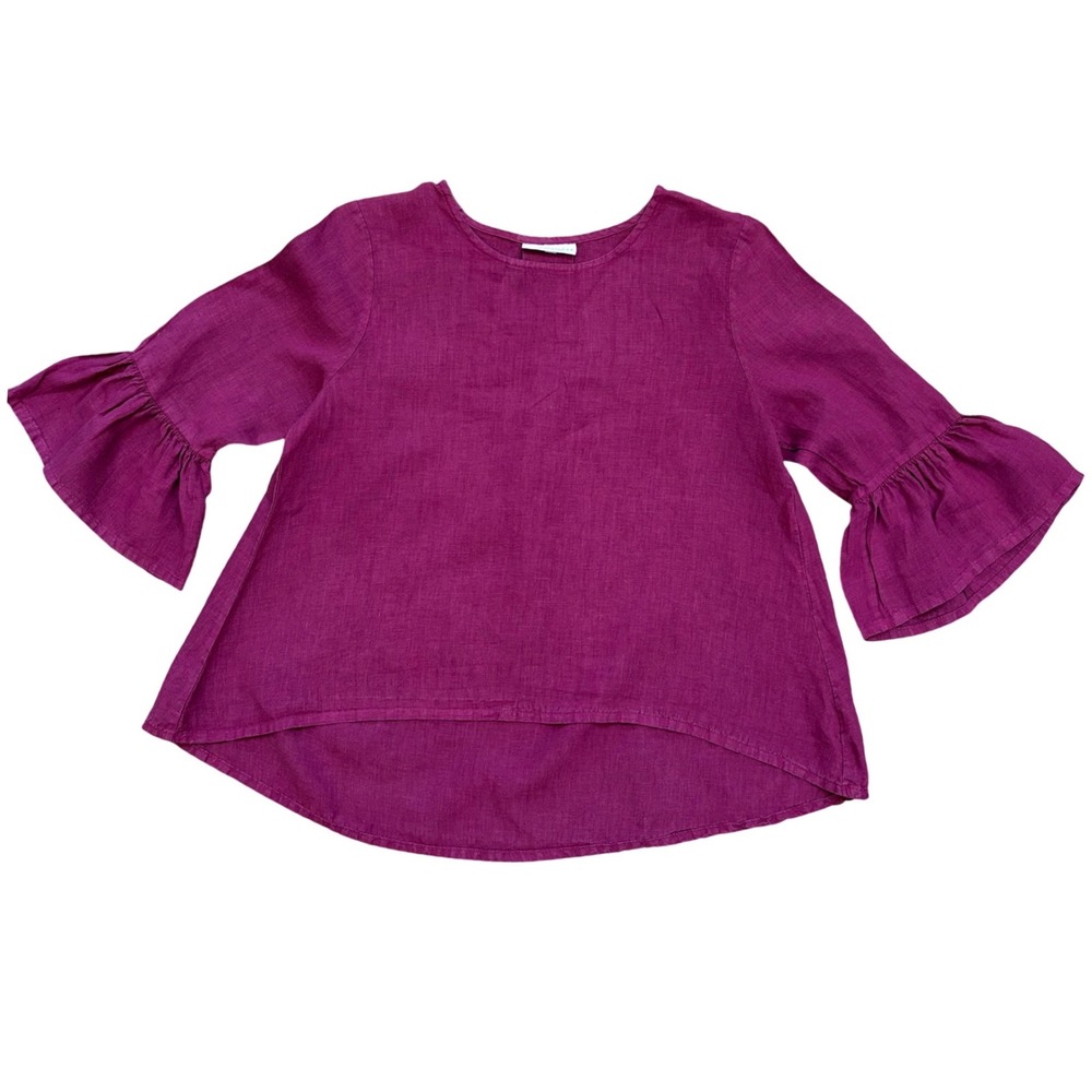 Bryn Walker Linen Blouse Womens SM Magenta‎ Bell Sleeve High Low Art to Wear